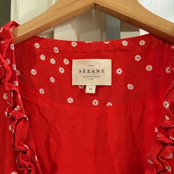 SEZANE Red 100% Silk Daisy Print Wrap Dress Size 40 Small Faux Wrap Style Midi - Picture 2 of 8